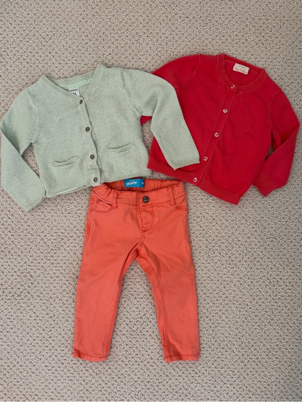 Mint Green and Salmon Knit Cardigans with Coral Pants